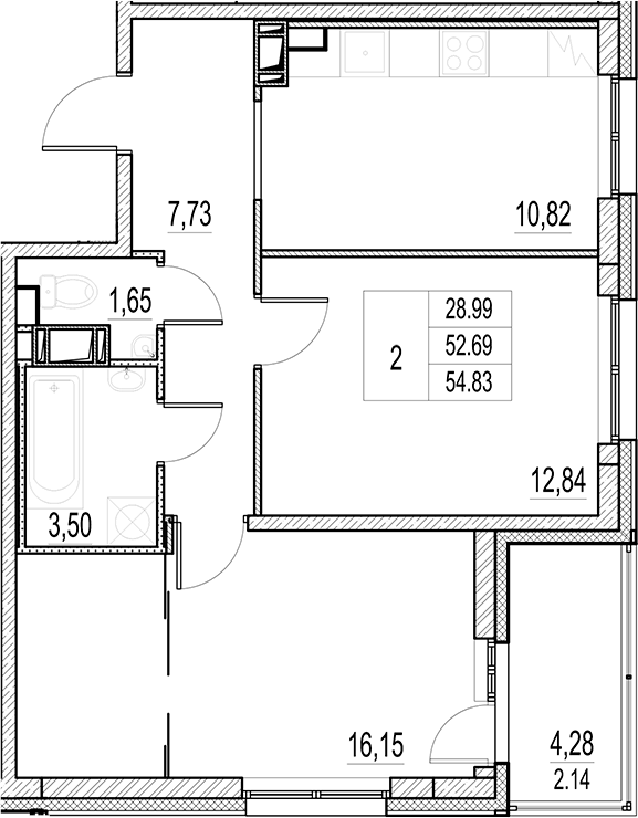 Планировка — Город-спутник Южный, 2-комн., 53 м²