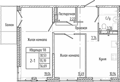 Планировка — Арт Парк, 2-комн., 55 м²