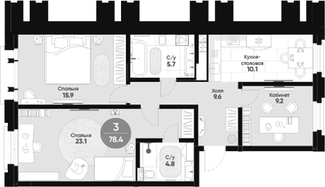 Планировка — Мариинка Делюкс, 3-комн., 78 м²