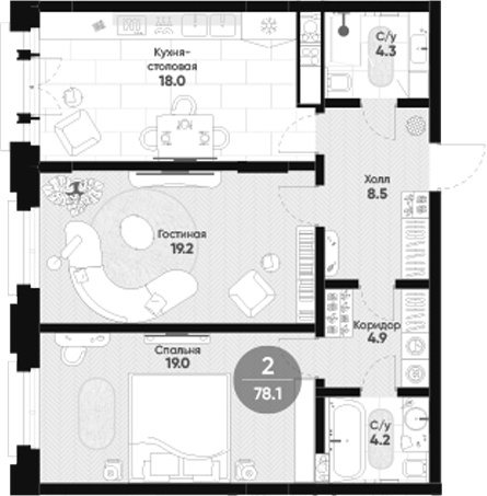 Планировка — Мариинка Делюкс, 2-комн., 78 м²