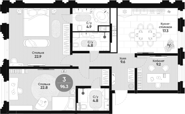 Планировка — Мариинка Делюкс, 3-комн., 96 м²