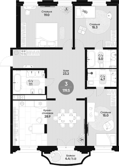 Планировка — Мариинка Делюкс, 3-комн., 118 м²