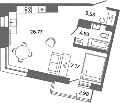 Планировка — Загляденье, Студия, 42 м²