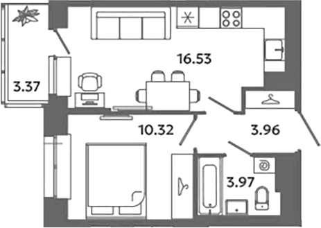 Планировка — Загляденье, 2-комн., 35 м²