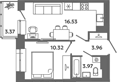 Планировка — Загляденье, 2-комн., 35 м²