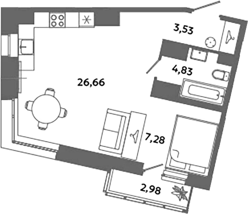 Планировка — Загляденье, Студия, 42 м²
