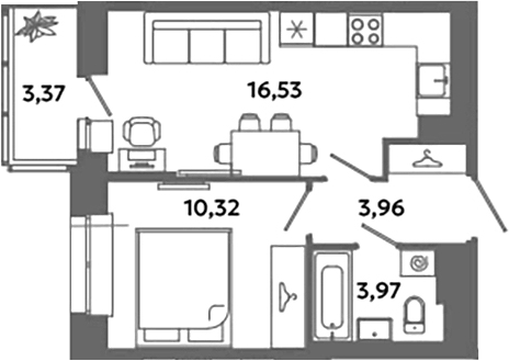 Планировка — Загляденье, 2-комн., 35 м²