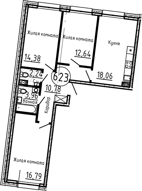 Планировка — Остров Первых, 4-комн., 79 м²