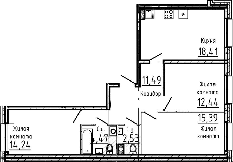 Планировка — Остров Первых, 4-комн., 79 м²