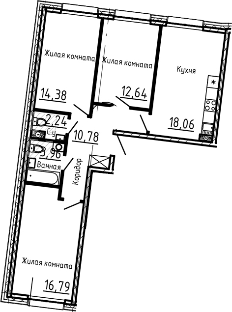 Планировка — Остров Первых, 4-комн., 79 м²
