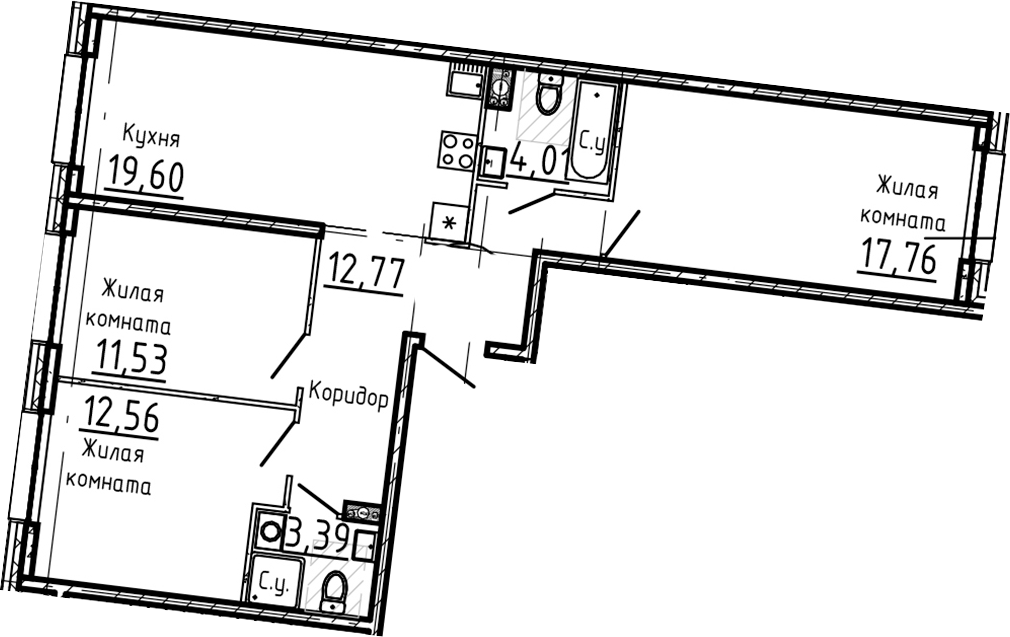 Планировка — Остров Первых, 4-комн., 82 м²