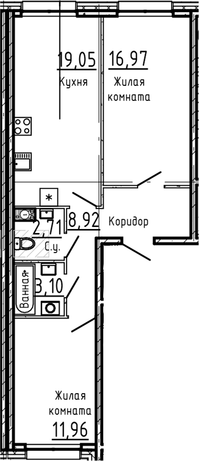 Планировка — Остров Первых, 3-комн., 63 м²