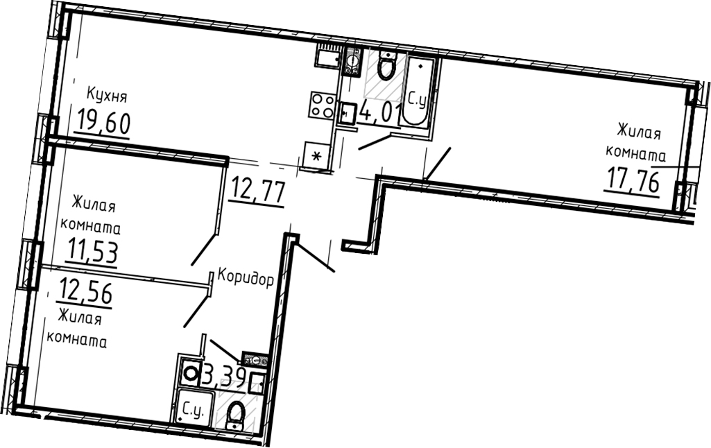 Планировка — Остров Первых, 4-комн., 82 м²