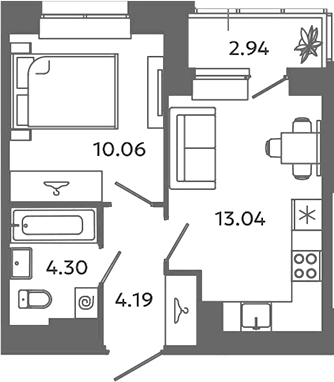 Планировка — Загляденье, 1-комн., 32 м²