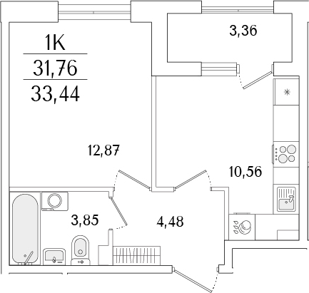 Планировка — Гранат, 1-комн., 32 м²