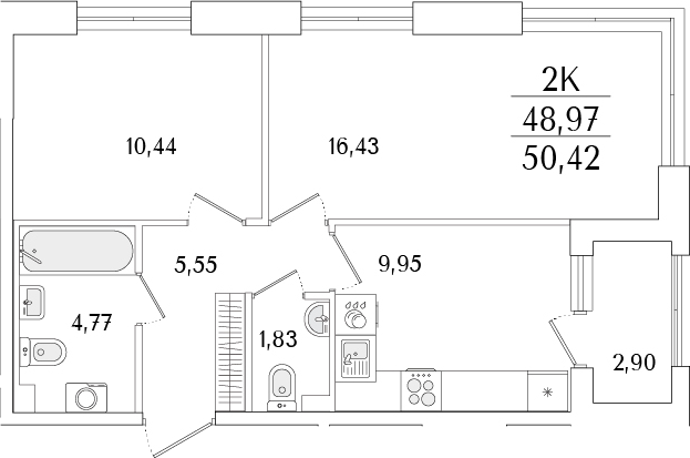 Планировка — Гранат, 2-комн., 49 м²