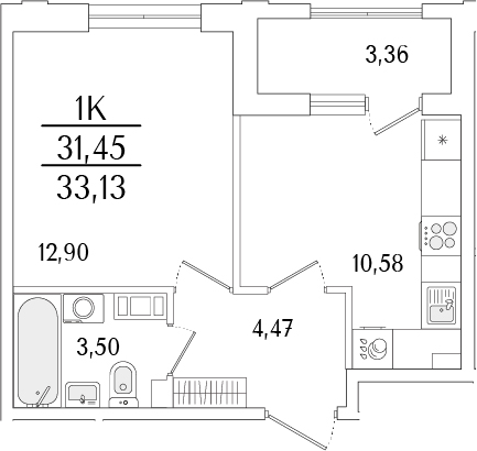 Планировка — Гранат, 1-комн., 31 м²