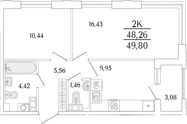 Планировка — Гранат, 2-комн., 48 м²