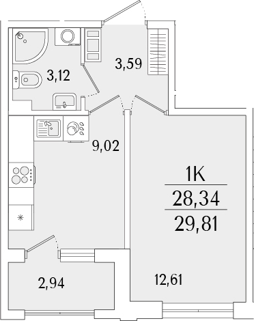 Планировка — Гранат, 1-комн., 28 м²