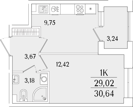 Планировка — Гранат, 1-комн., 29 м²