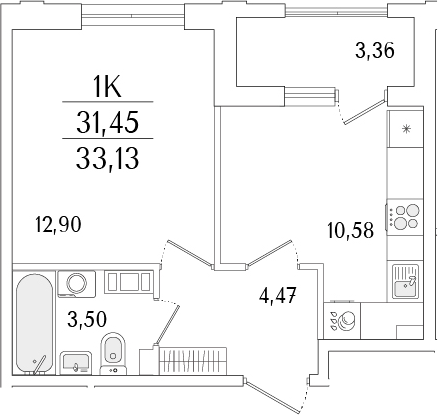 Планировка — Гранат, 1-комн., 31 м²