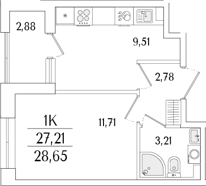 Планировка — Гранат, 1-комн., 27 м²