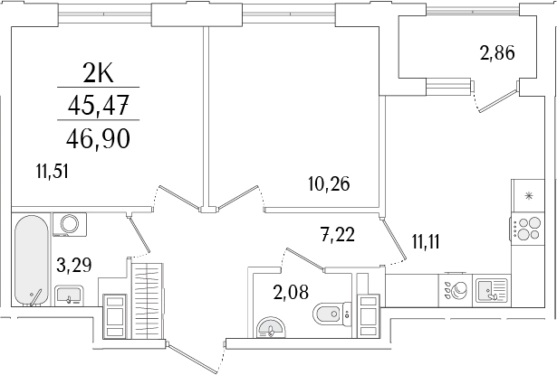 Планировка — Гранат, 2-комн., 45 м²