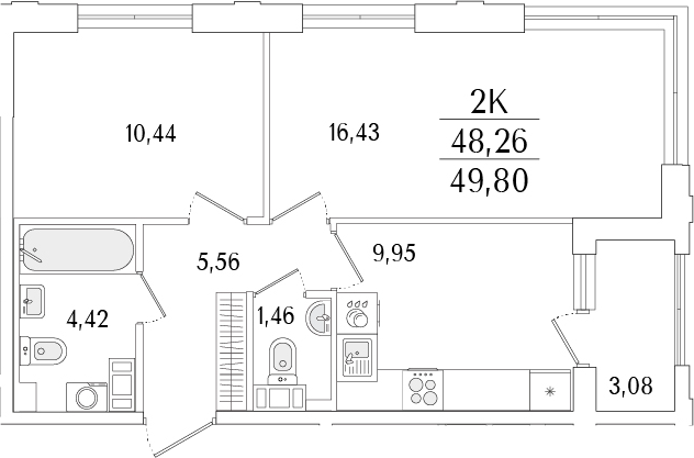 Планировка — Гранат, 2-комн., 48 м²
