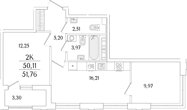 Планировка — Гранат, 3-комн., 50 м²