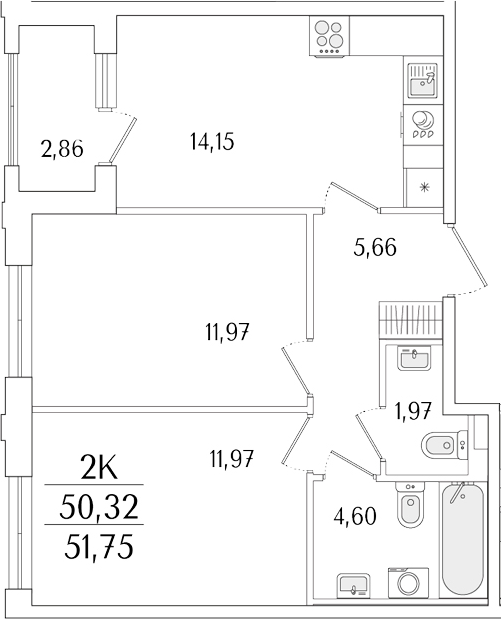 Планировка — Гранат, 2-комн., 50 м²