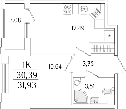Планировка — Гранат, 1-комн., 30 м²