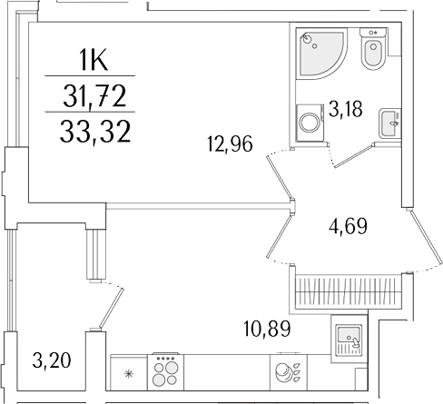 Планировка — Гранат, 1-комн., 32 м²