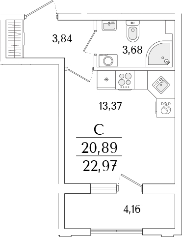 Планировка — Гранат, Студия, 21 м²