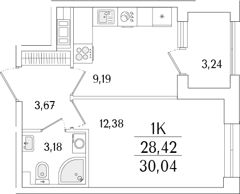 Планировка — Гранат, 1-комн., 28 м²