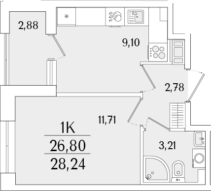 Планировка — Гранат, 1-комн., 27 м²