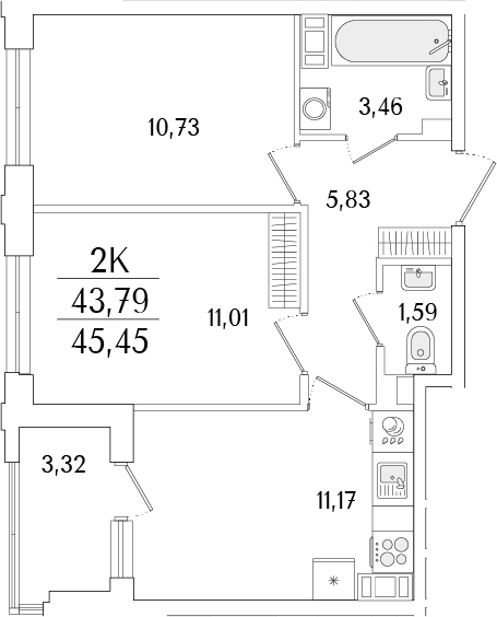 Планировка — Гранат, 2-комн., 44 м²