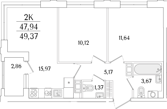 Планировка — Гранат, 3-комн., 48 м²