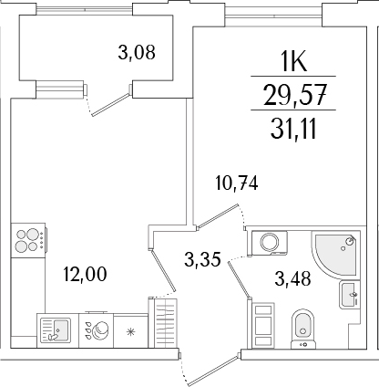 Планировка — Гранат, 2-комн., 30 м²