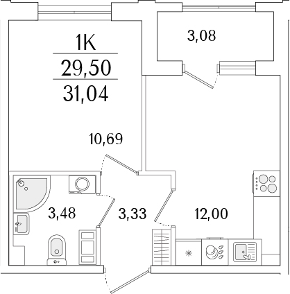 Планировка — Гранат, 2-комн., 30 м²