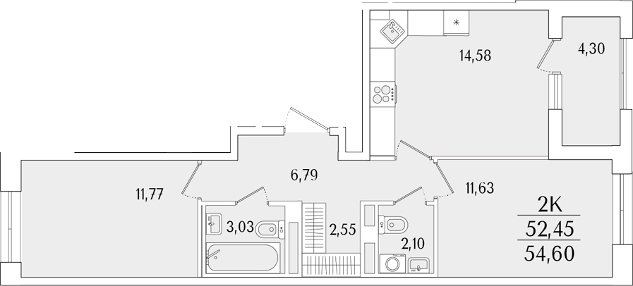 Планировка — Гранат, 2-комн., 52 м²