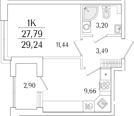 Планировка — Гранат, 1-комн., 28 м²