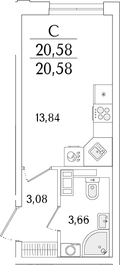 Планировка — Гранат, Студия, 21 м²