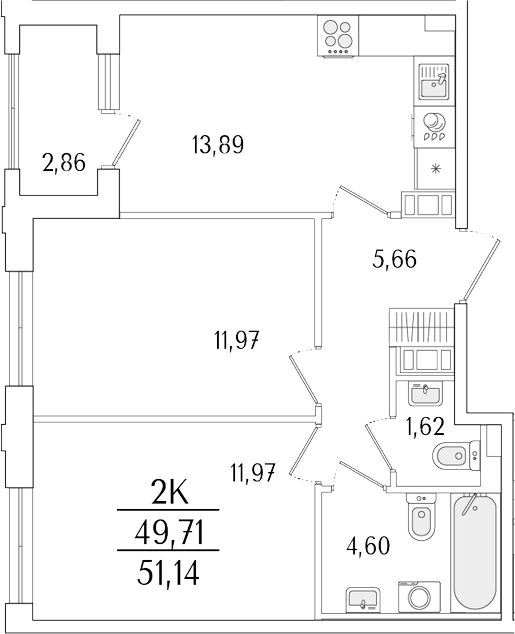 Планировка — Гранат, 2-комн., 50 м²