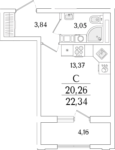 Планировка — Гранат, Студия, 20 м²