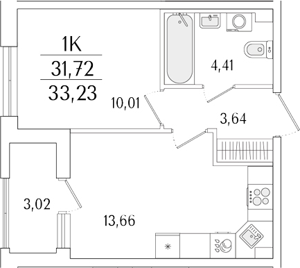 Планировка — Гранат, 1-комн., 32 м²