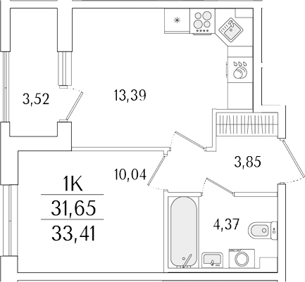Планировка — Гранат, 1-комн., 32 м²