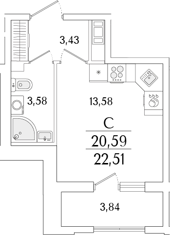 Планировка — Гранат, Студия, 21 м²