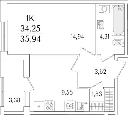Планировка — Гранат, 1-комн., 34 м²