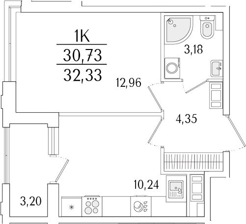 Планировка — Гранат, 1-комн., 31 м²