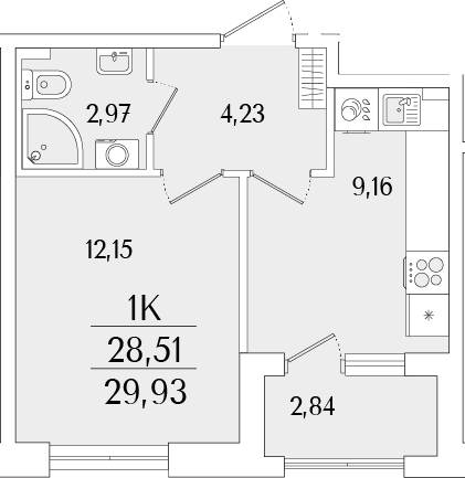 Планировка — Гранат, 1-комн., 29 м²